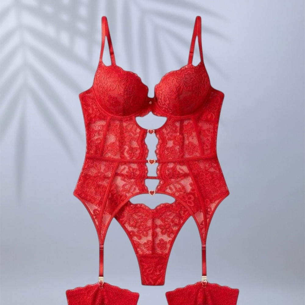 Red Lace Cutout Lingerie Set – Heart Detail Corset Style ✧ L